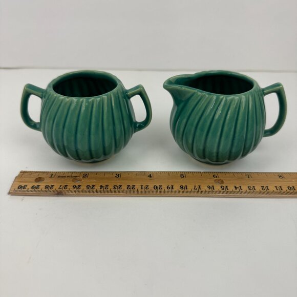 Vtg Small Ceramic Creamer Sugar Set MCM Sage Green Teal Swirled Ribbed Textured - Picture 1 of 10